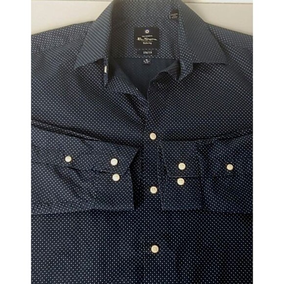 Ben Sherman Dress Shirt Size M 15-15.5 Navy Blue Dot Tailored Fit Stretch - Picture 2 of 9